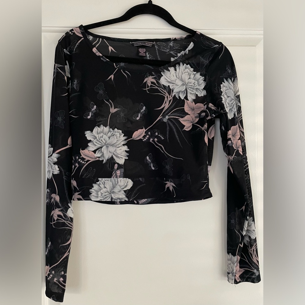 Victoria's Secret Black and Pink Floral Sheer Crop Top
